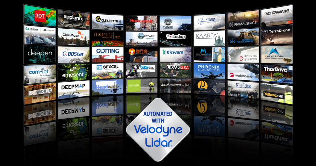Automated with Velodyne Log in front of photos of Partner Logos and Applications Photos for Using Lidar Sensors