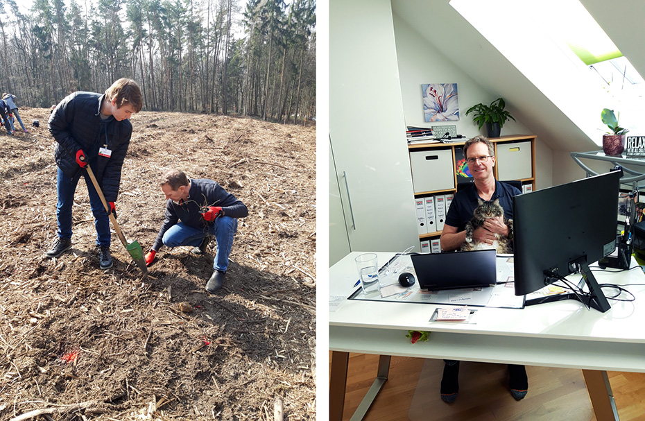 Planting trees in a reforestation area near Erich's village in Germany; Erich working from home during the pandemic with Karma the cat