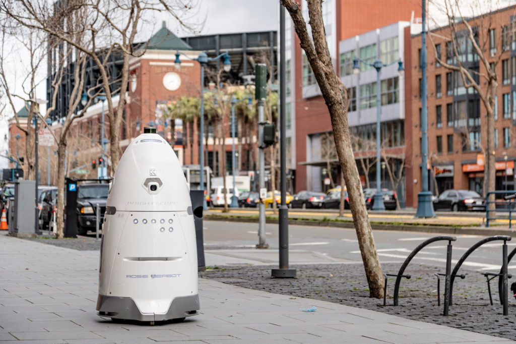 Knightscope's security robot patrolling an area, equipped with Velodyne lidar