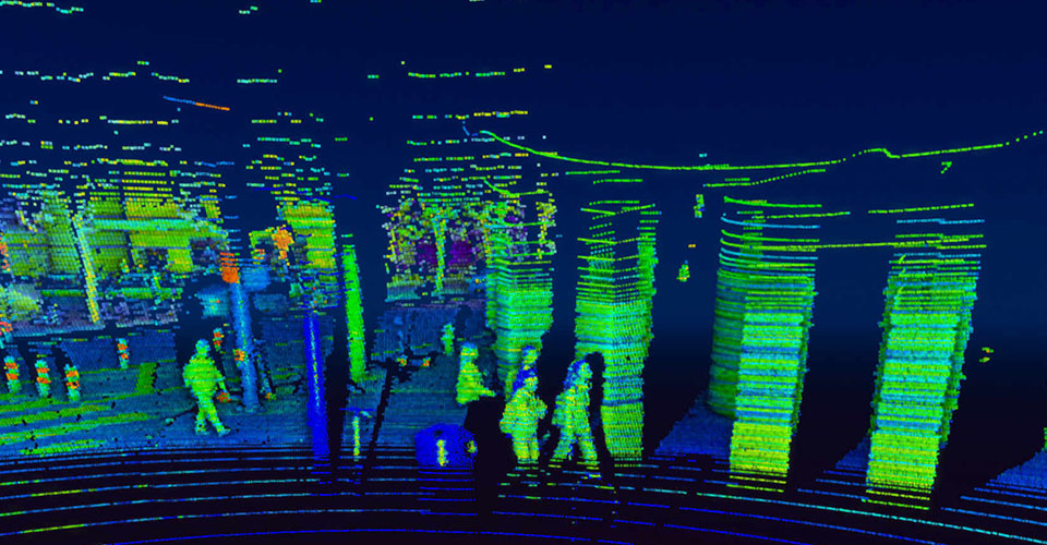 Example of how a Velodyne lidar sensor captures people, where personally-identifiable features are not identified