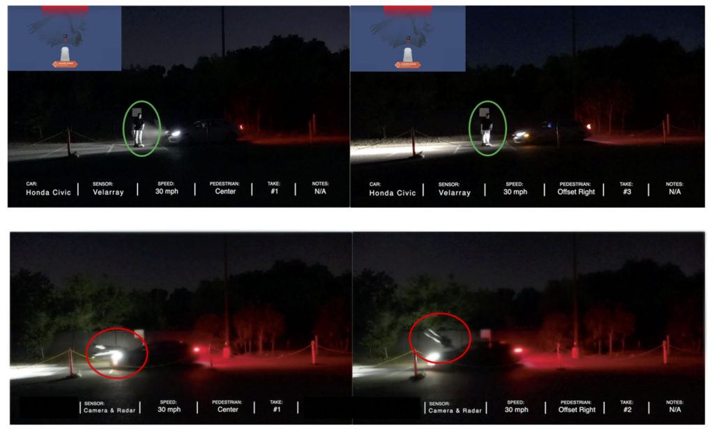 Images show vehicle with lidar-based PAEB stopping before adult target @ 50% overlap (above) and vehicle with camera and radar-based PAEB crashing into adult target (below).
