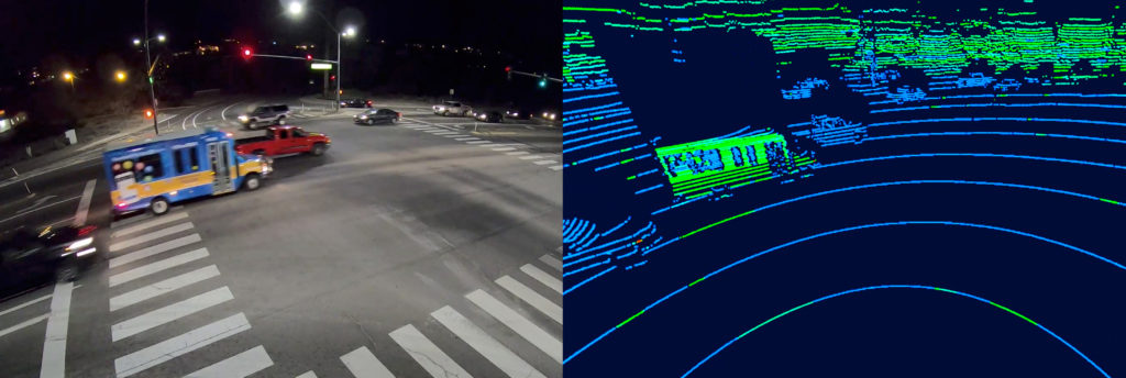 A Reno, Nev. intersection as viewed by a camera (left) and lidar sensor (right). The lidar provides point cloud data to measure object size, distance and movement that cameras miss.