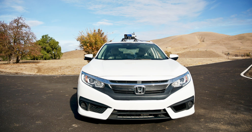 Testing vehicle equipped with Velodyne Lidar's Velarray solid state lidar sensor, ideal for ADAS applications, on the GoMentum Station testing course
