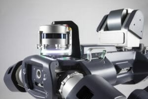 Closeup of ANYmal X robot by ANYbotics with Velodyne Lidar sensor