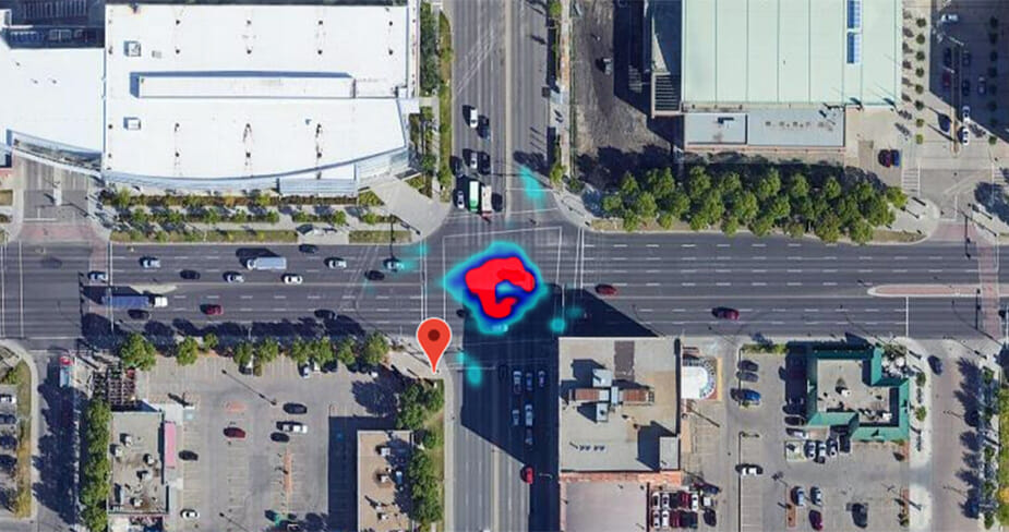Pedestrian heat map at busy intersection created by BlueCity